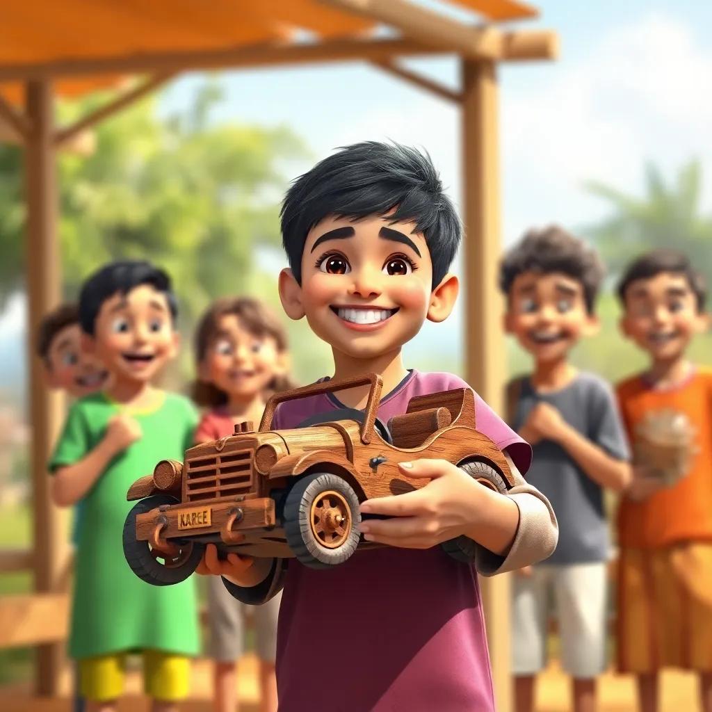 Kareem, a young Arab boy with short black hair, holding a beautifully crafted wooden car, smiling brightly, with his amazed friends in the background, joyful expressions, bright colors, outdoor setting, digital painting, vivid details