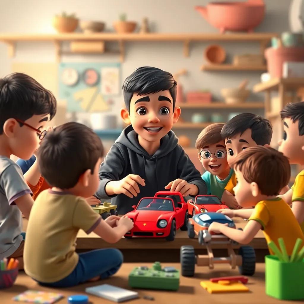 Kareem, a young Arab boy with short black hair, surrounded by kids, showing them how to make their own cars, all working together in a creative workshop, lively atmosphere, colorful materials, digital illustration, warm and inviting