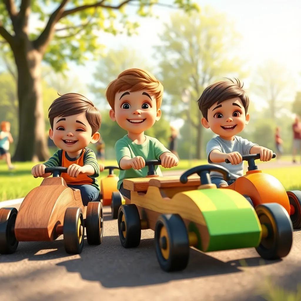 A joyful scene of children racing their handmade wooden cars in a park, with engaging expressions and vibrant wooden toys, sunny day, soft shadows, lively background, digital art, high quality, happy vibes