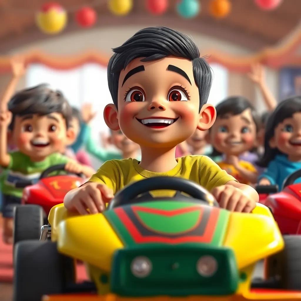 Kareem, a young Arab boy with short black hair, smiling after winning a toy car race with his friends, feeling proud and accomplished, surrounded by cheering children, colorful joyful surroundings, digital painting, uplifting tone