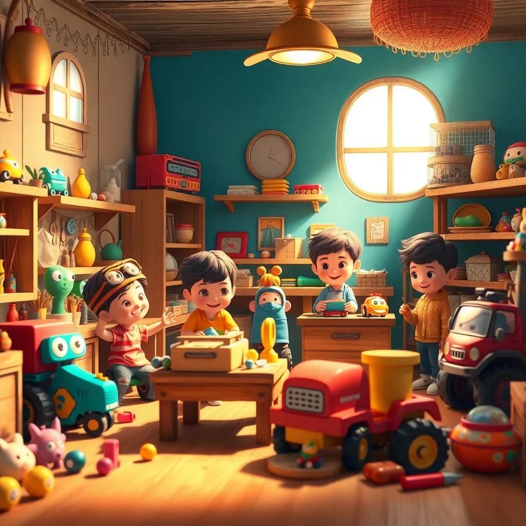 A cozy scene of Kareem’s workshop filled with handmade toys, children crafting vehicles with joy, bright colors, warm light, cheerful environment, digital art, whimsical style, high quality