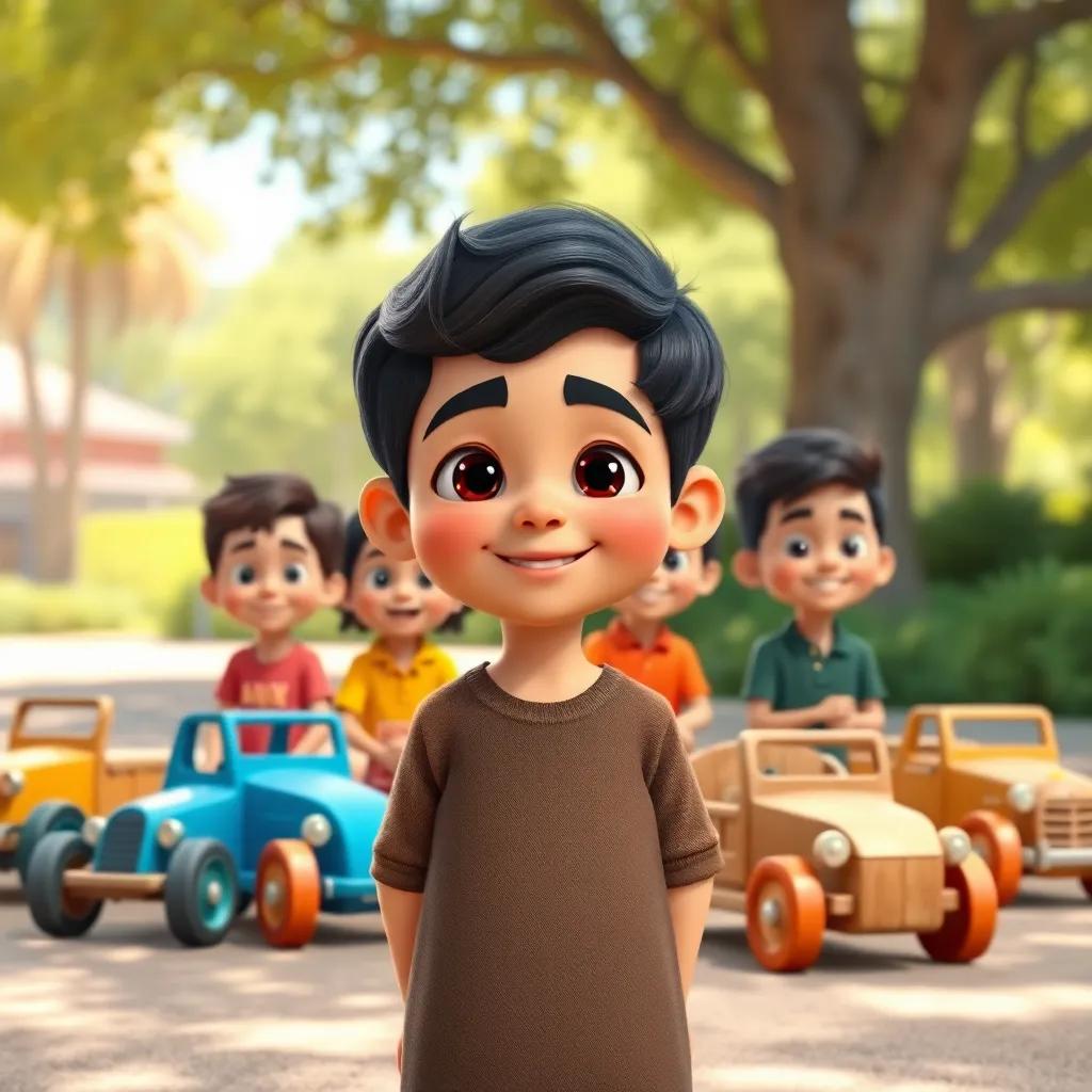 Kareem, a young Arab boy with short black hair, standing proud in front of his friends with their handmade wooden cars, everyone smiling, bright sunshine, cheerful park setting, vibrant colors, digital illustration, heartwarming feeling