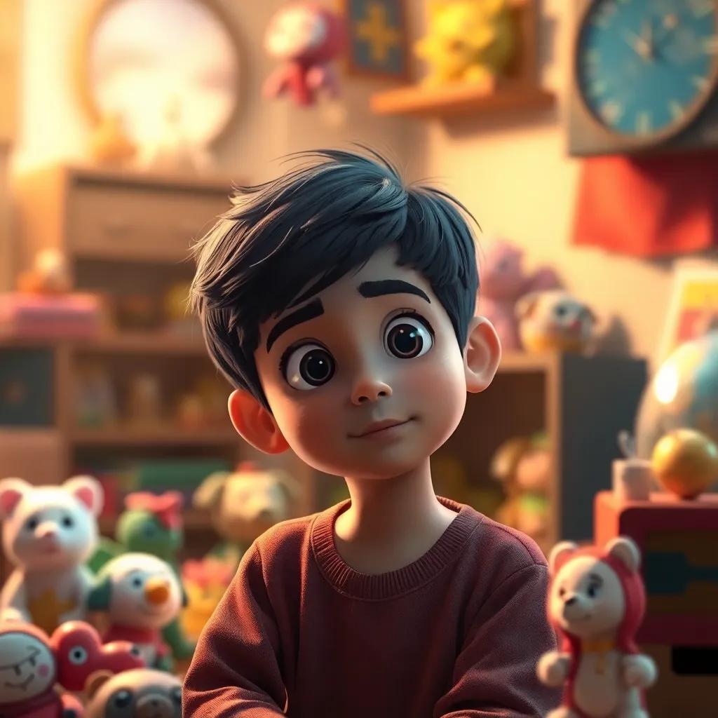 Kareem, a young Arab boy with short black hair, reflecting on his creative journey, surrounded by toys and memories, warm light, nostalgic ambiance, digital art, thoughtful expression