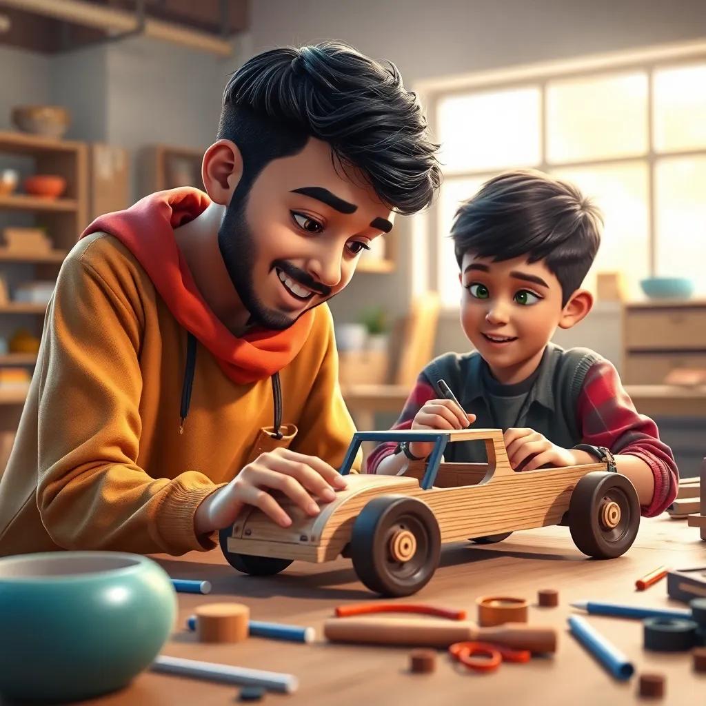 Kareem, a young Arab boy with short black hair, helping a young friend create a wooden car, showcasing teamwork and creativity, bright workshop, inviting atmosphere, colorful materials, digital painting, uplifting and inspiring