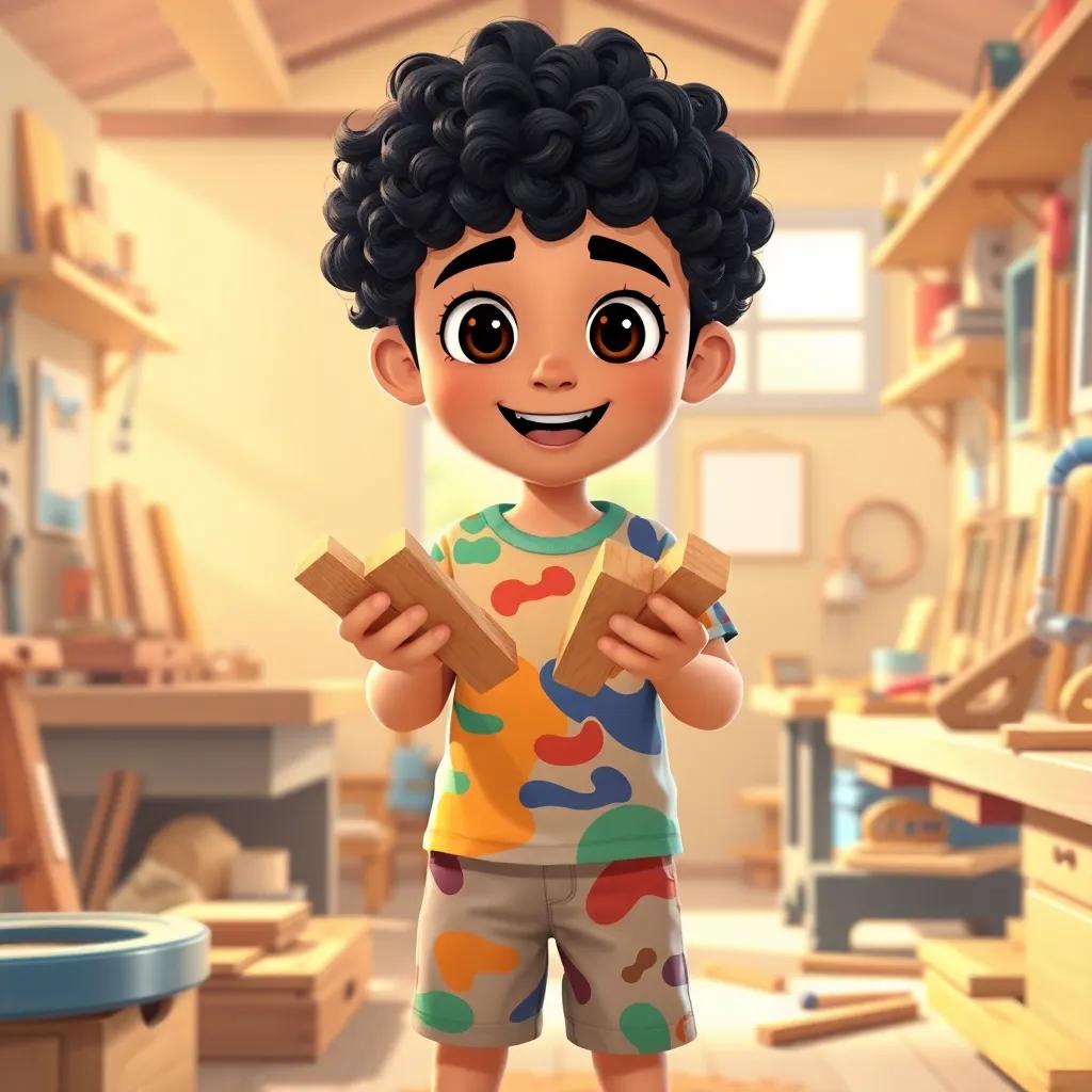 A young Arab boy, Karim, with curly black hair wearing a colorful t-shirt and shorts, excitedly holding wooden pieces in his hands in a sunny workshop filled with tools, illustration, cheerful, vibrant colors, warm light, child-friendly
