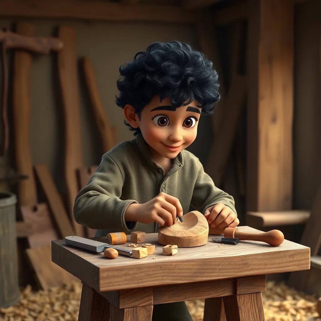Karim, a young Arab boy with curly black hair, carefully carving wood pieces on a small workbench, surrounded by wooden shavings and tools, digital art, focused expression, warm inviting atmosphere, high quality