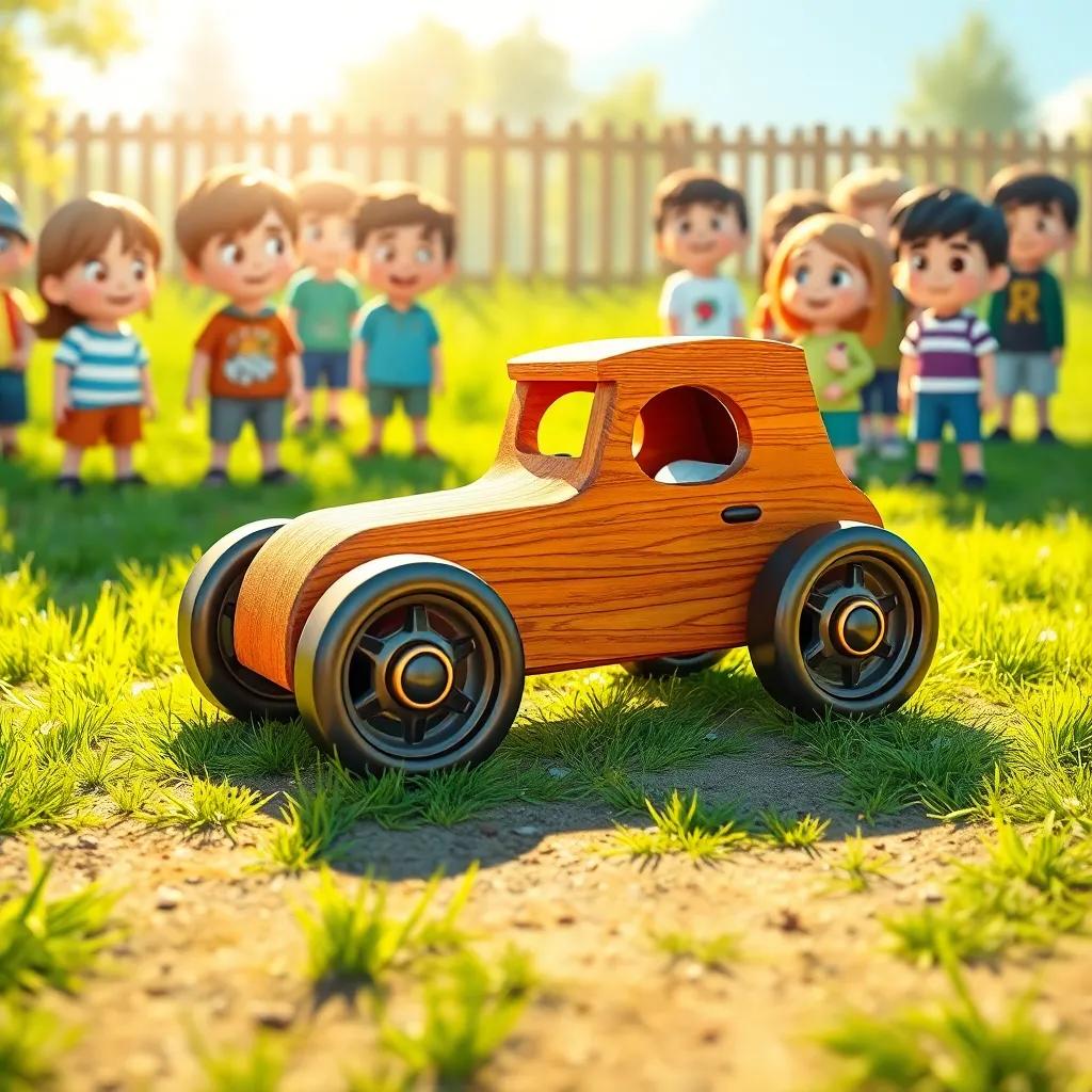 A beautiful wooden toy car that Karim made, with bottle cap wheels, sitting on the grass, sunlight shining on it, surrounded by curious children admiring it, illustration, bright colors, joyful scene, high quality