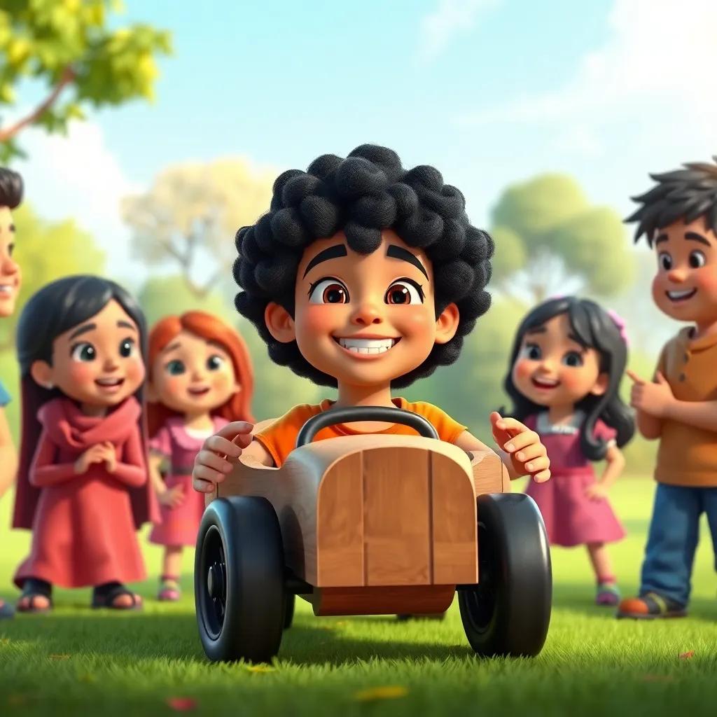 Karim, a young Arab boy with curly black hair, proud and smiling, showing his wooden car to his friends in a park, friends excited and amazed, vibrant colors, cheerful atmosphere, child-friendly