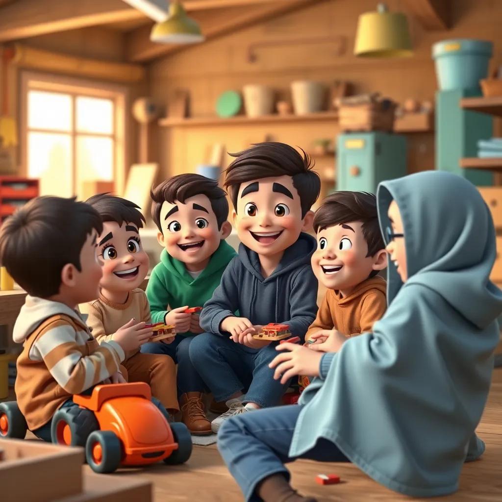 A group of children, including Karim, sitting together in a workshop making toy cars, some holding wooden pieces and others laughing, cozy and inviting environment, bright colors, happy expressions, high quality