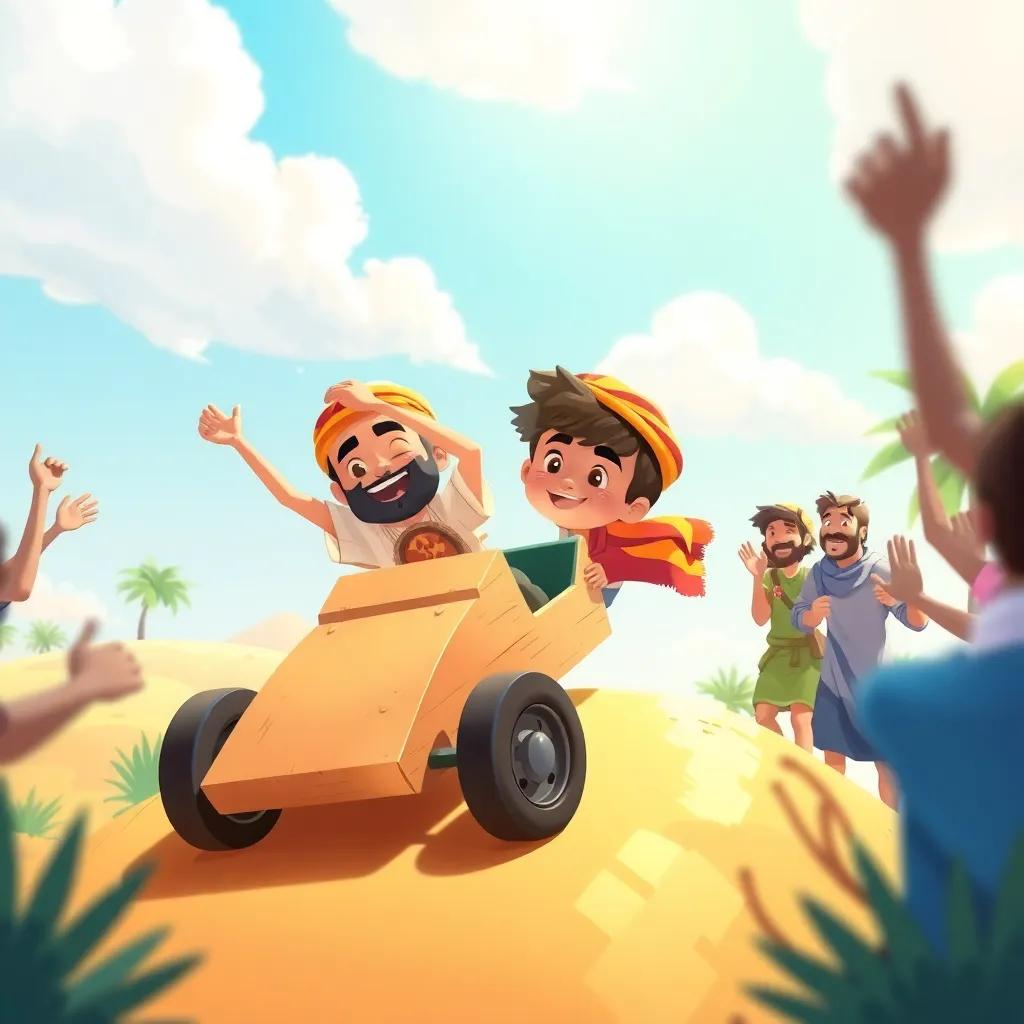 Karim, a young Arab boy, launching his wooden car from a small hill, with friends cheering him on, bright sunny day, joyful and exciting atmosphere, illustration, friendly and vibrant colors, high quality