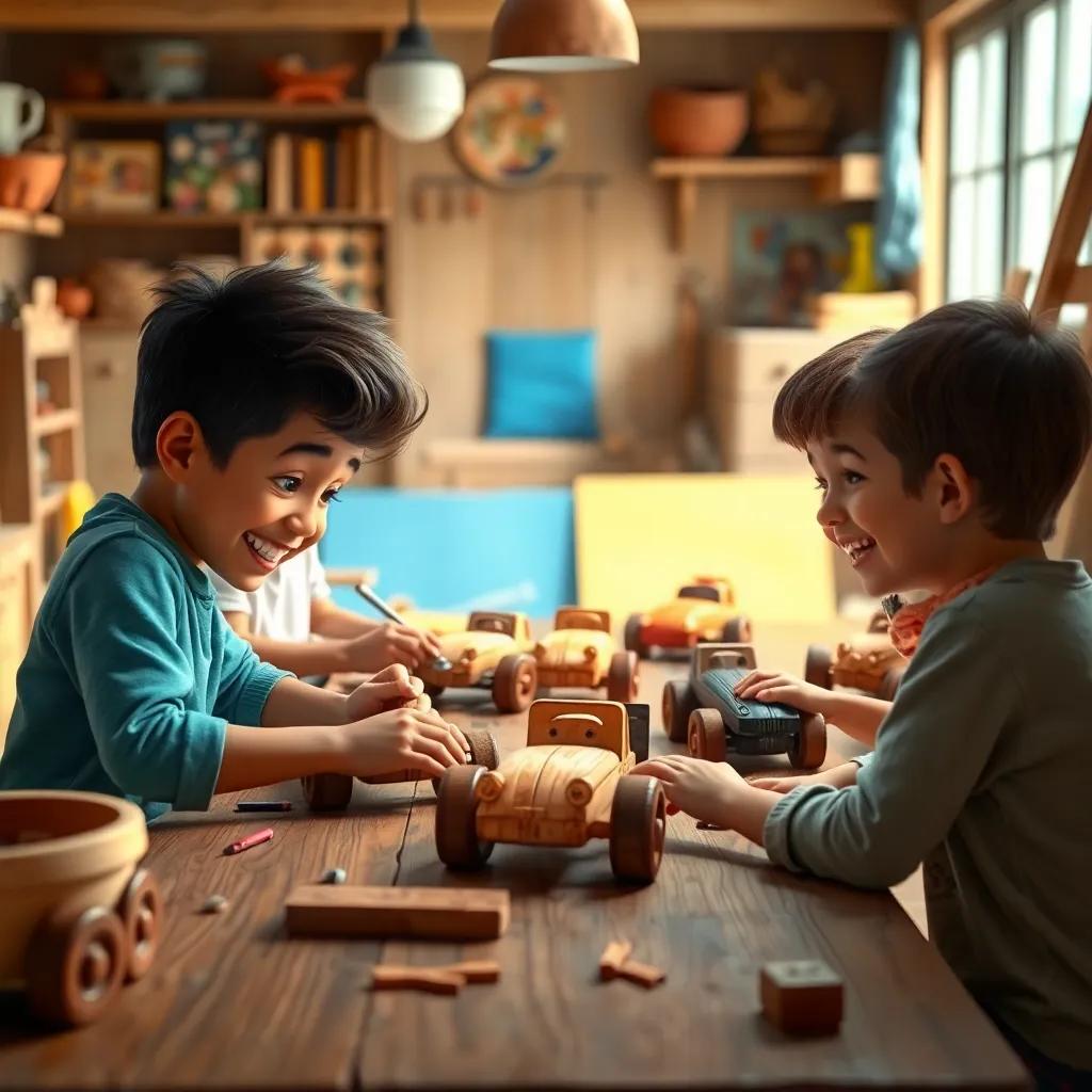 Children working together in Karim's workshop, creating their own wooden cars, with smiles and laughter, warm inviting atmosphere, lots of wood and colorful materials around, high quality