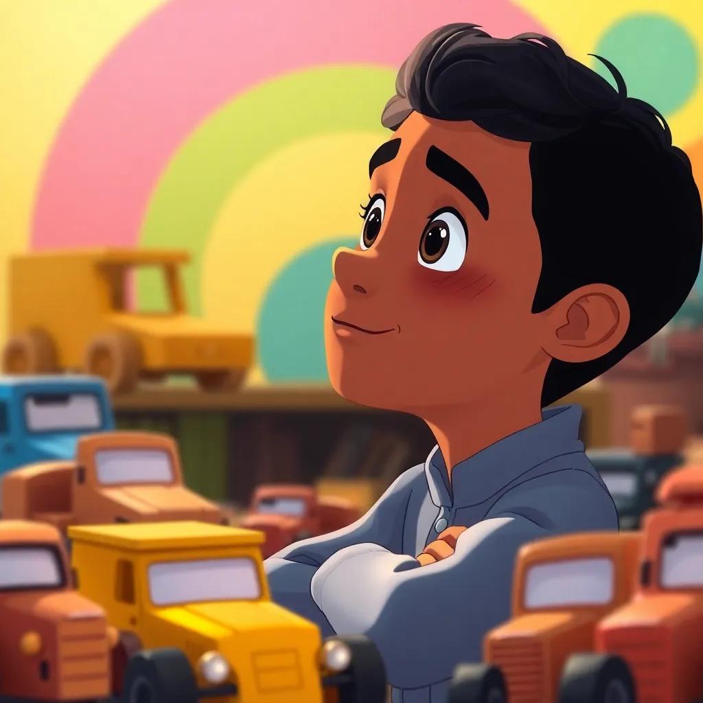 Karim, reflecting on his journey of creativity and friendship, surrounded by his wooden cars, colorful background, thoughtful expression, illustration, uplifting and inspiring atmosphere, child-friendly