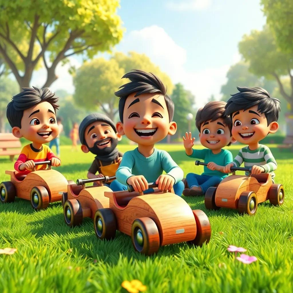 A vibrant scene of Karim and his friends playing with their wooden cars together in the park, full of laughter and joy, sunny day, colorful environment, child-friendly, high quality