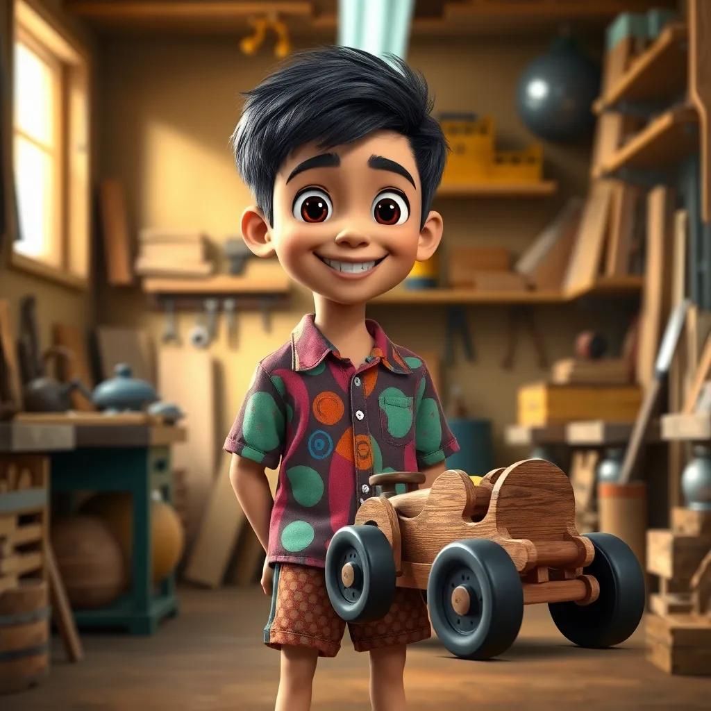 A young Arab boy, Karim, with short black hair, wearing a colorful shirt and shorts, standing in a small workshop filled with wood and tools, smiling at his newly made wooden car, cheerful atmosphere, bright lighting, engaging scene, detailed