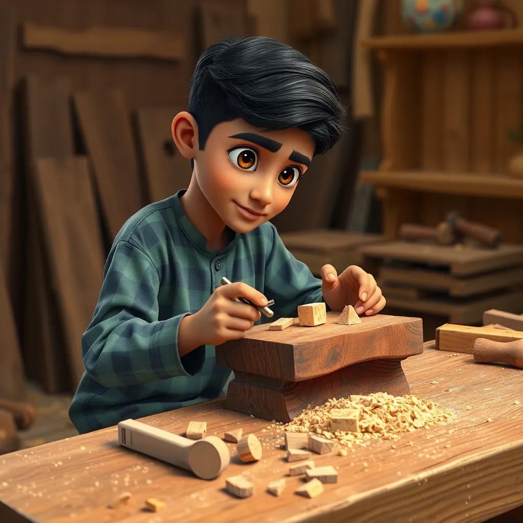 Karim, a young Arab boy, sitting at a workbench made of wood, chiseling small pieces of wood carefully with tools in his hands, surrounded by sawdust and wood shavings, focused look, creative workspace, vibrant colors