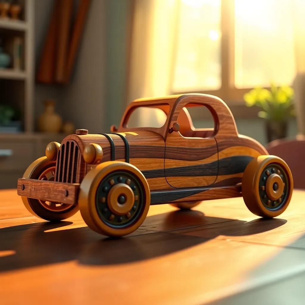 A wooden car made by Karim, colorful and unique, with bottle cap wheels, placed on a table, sunlight shining on it, showcasing detailed craftsmanship, inviting and warm scene, bright colors