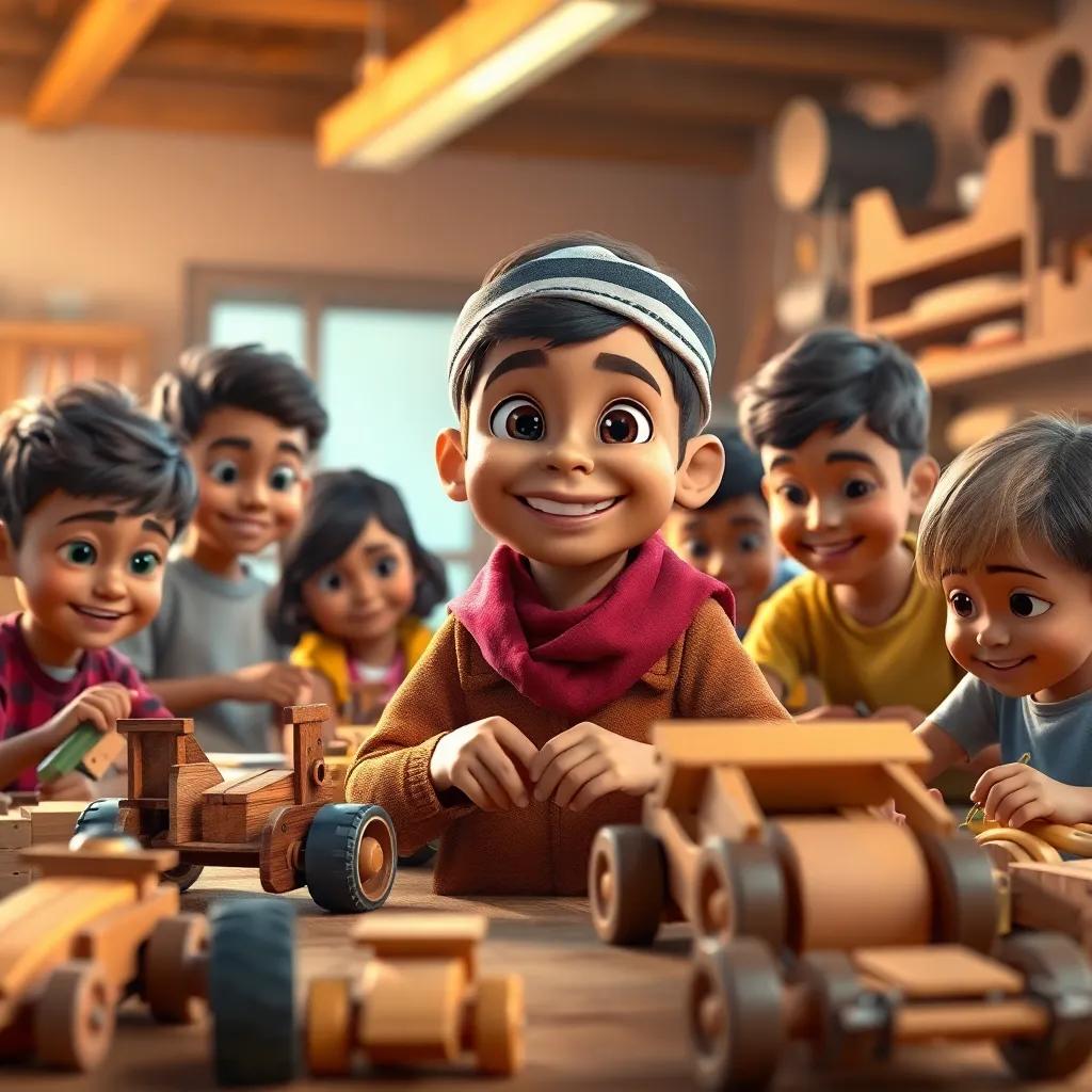 Karim, a young Arab boy, with a big smile, surrounded by friends as they work together in the workshop crafting their wooden cars, diverse kids, collaborative scene, creative energy, warm lighting, immersive environment