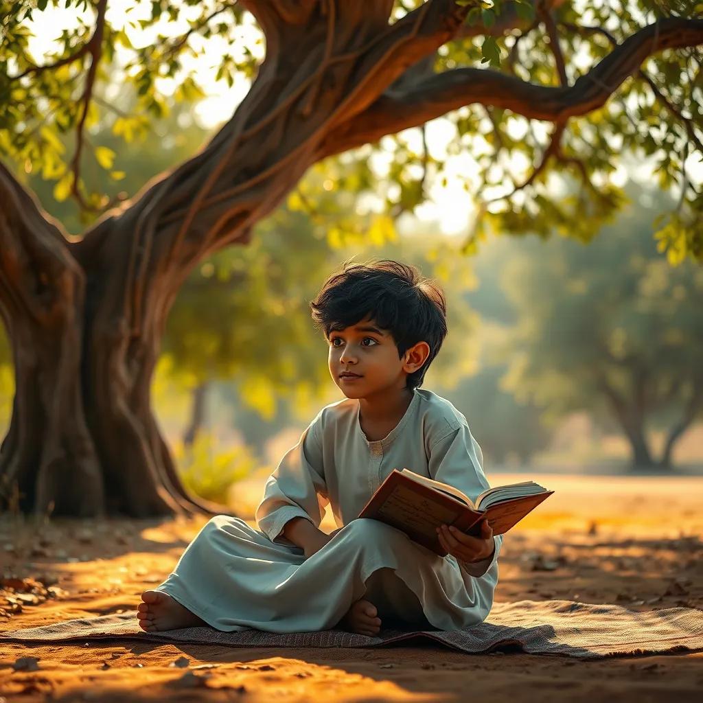 A young Arab boy, المتنبي, with dark hair, wearing a traditional thobe, sitting on a mat under a large tree, listening to his grandmother's stories, warm light, peaceful atmosphere, digital art, detailed, vibrant colors, inviting scene