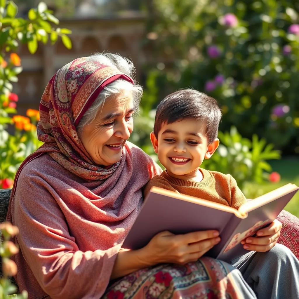A loving grandmother, elderly Arab woman, with gray hair, wearing a colorful hijab, sitting in the garden, sharing stories with her grandson المتنبي, bright sunlight, joyful atmosphere, illustration, cheerful