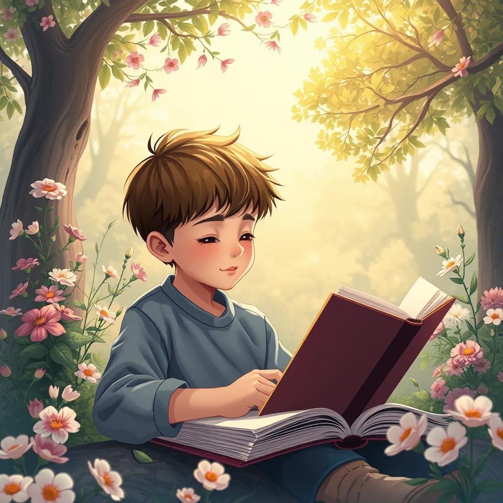 A creative young boy, المتنبي, writing poetry in a notebook, surrounded by beautiful nature, flowers and trees, inspired expression, soft light, serene colors, illustration, imaginative