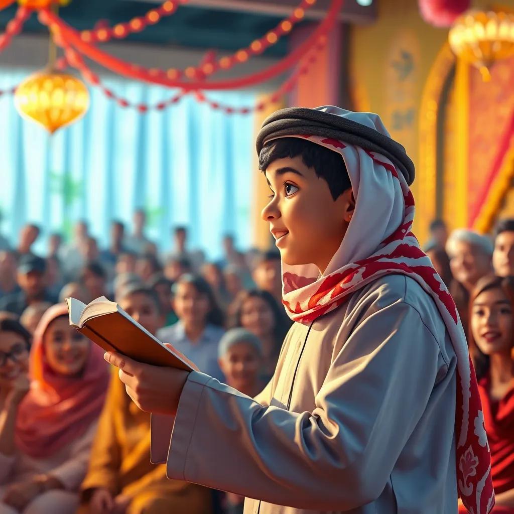 A young Arab boy, المتنبي, presenting his poetry to an audience, with joyful listeners, bright setting, colorful decorations, enthusiastic crowd, illustration, warm lighting, vibrant