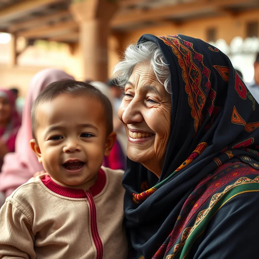 A proud grandmother, elderly Arab woman, with gray hair, wearing a colorful hijab, smiling happily at her grandson المتنبي, with people gathered around, cheerful atmosphere, bright colors, heartwarming scene