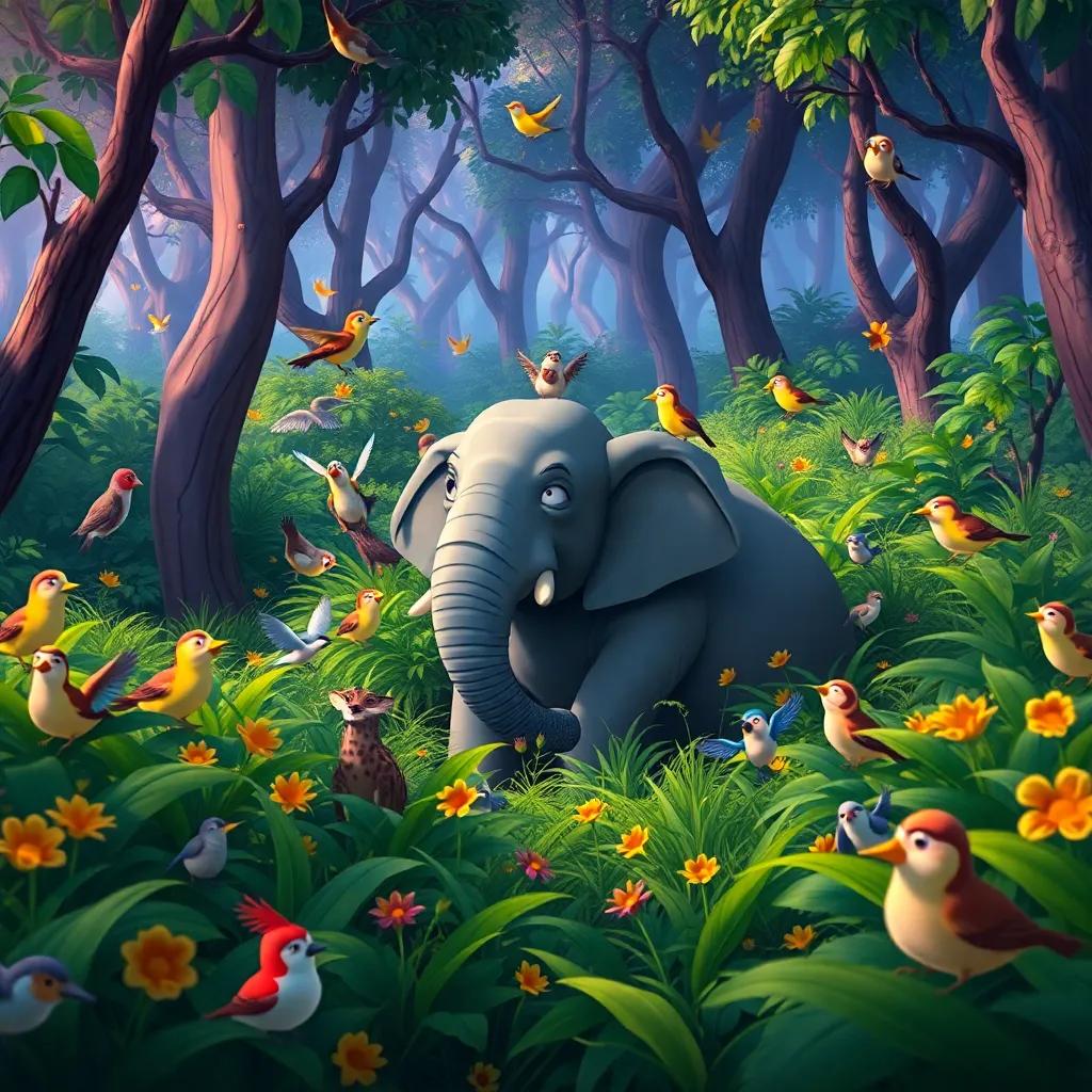 A lush green forest filled with chirping birds and playful animals, with a terrified pregnant elephant hiding in the bushes, vibrant colors, serene setting, digital art