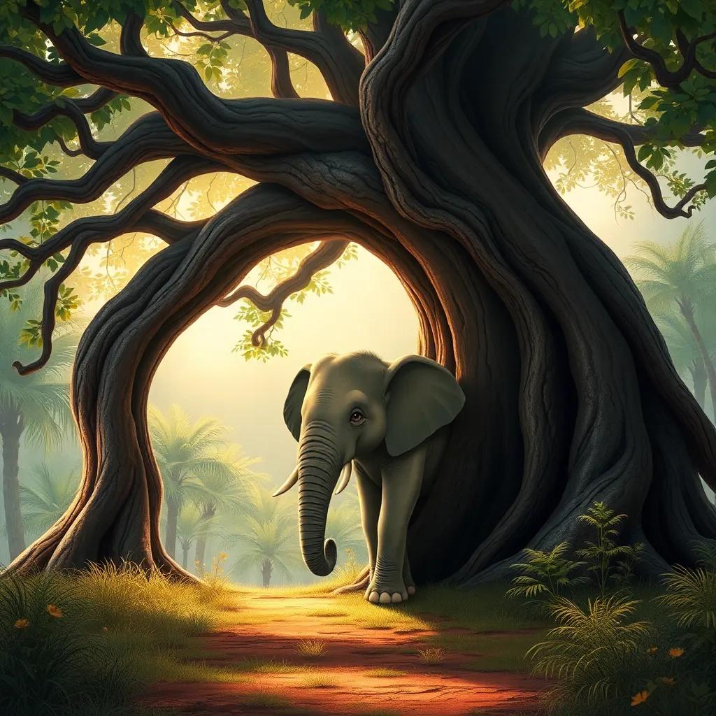 An ancient tree covering a small baby elephant with its branches in a tranquil forest, showing a juxtaposition of beauty and danger, warm light, soft focus, storybook illustration