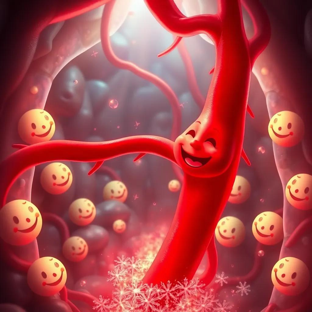 A magical red artery, smiling and colorful, flowing like a river inside a human body, surrounded by smiling organs, digital art, vibrant colors, enchanting atmosphere, high quality