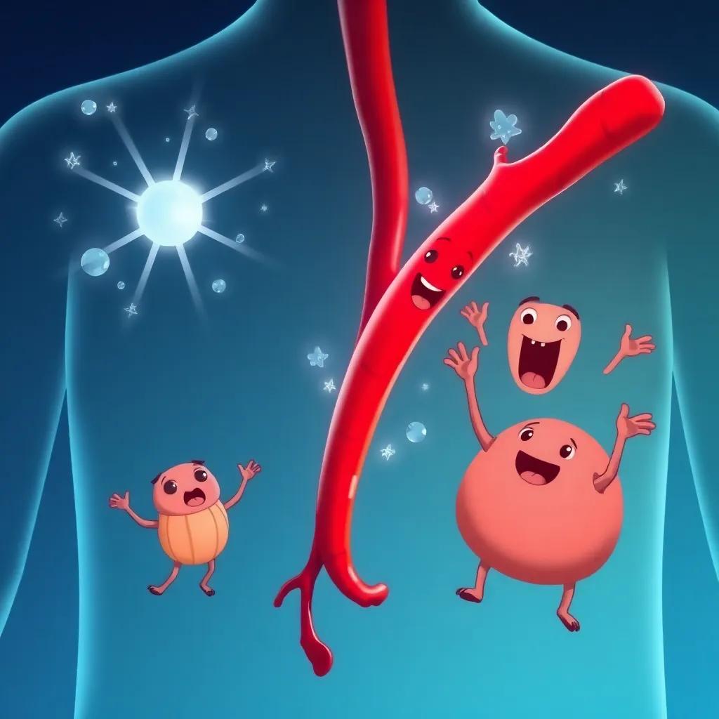A red artery traveling through the human body, sparkling with oxygen, organs around it looking excited and cheerful, whimsical illustration, bright colors, lively scene, high quality