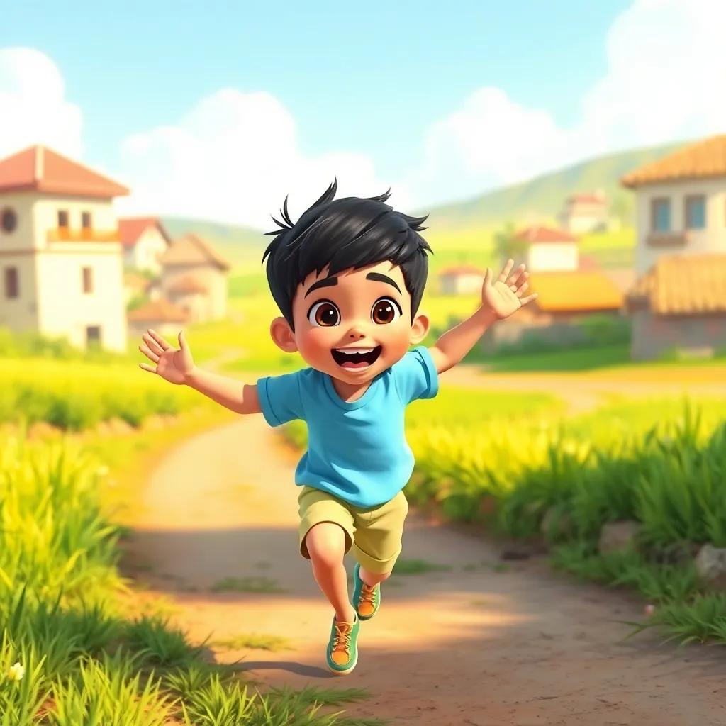 A young Arab boy, يوسف, with short black hair wearing a light blue shirt and shorts, excitedly training for a race in a sunny village surrounded by green fields, digital art, vibrant colors, cheerful atmosphere, high quality