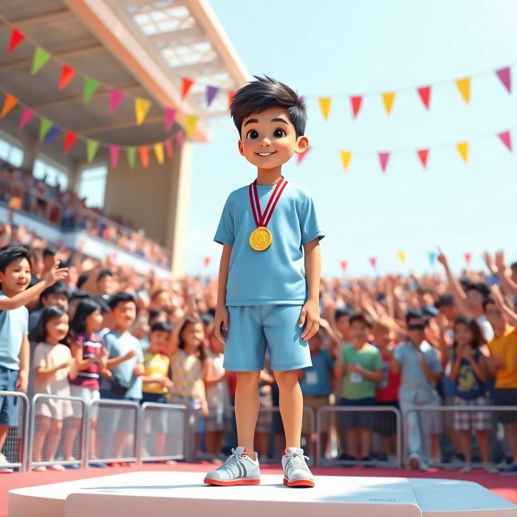 A young Arab boy, يوسف, with short black hair wearing a light blue shirt and shorts, confidently standing on a podium receiving a golden medal in front of a cheering crowd, bright sunny day, colorful decorations, joyful celebration, high quality