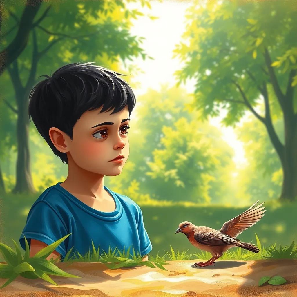 A young boy, Rami, with short black hair and a blue t-shirt, looking sternly at a small fallen bird in a lush green park, bright sunlight, warm colors, realistic, optimistic atmosphere, high quality