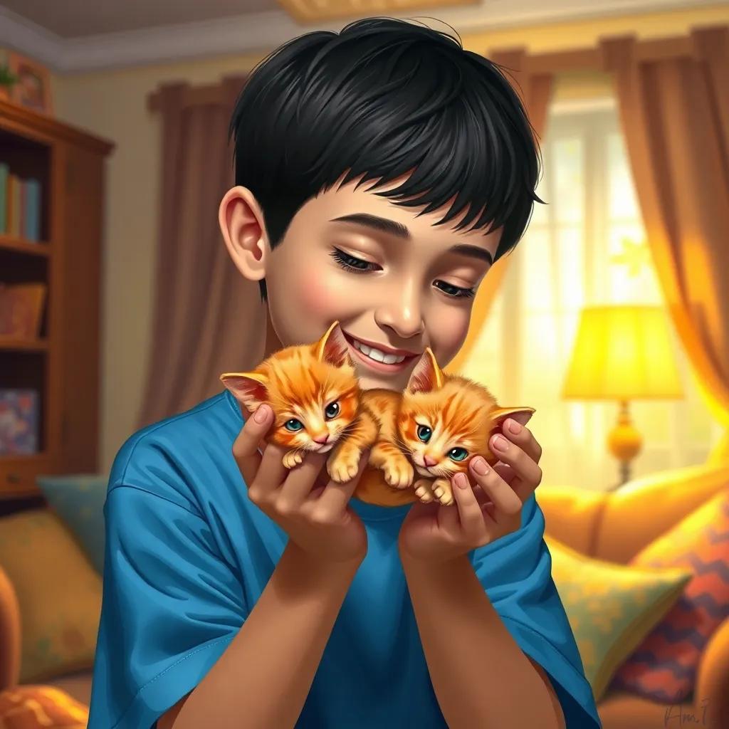 Rami, a young boy with short black hair wearing a blue t-shirt, gently holding a tiny orange kitten in his hands, surrounded by a cozy living room with warm light and colorful cushions, heartwarming, cheerful, uplifting, high quality