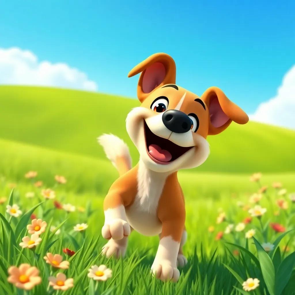 A joyful dog named Toto, a playful mixed breed, wagging his tail and surrounded by green fields and flowers, under a clear blue sky, cartoon style, bright colors, uplifting atmosphere, high quality