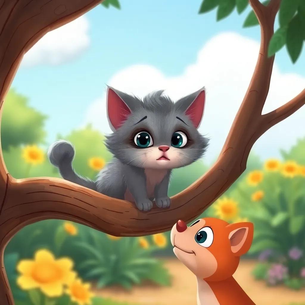 A small, frightened cat named Mimi, with fluffy gray fur, stuck on a tree branch, looking down at Toto, with a sunny garden in the background, illustrated scene, vibrant colors, whimsical, child-friendly