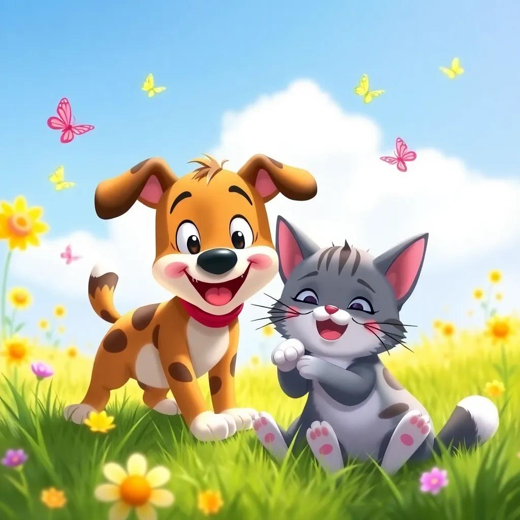 Toto the dog and Mimi the cat, playing together in a sunny meadow, chasing butterflies and rolling in the grass, showcasing their fun friendship, cheerful illustration, vivid colors, whimsical and lighthearted