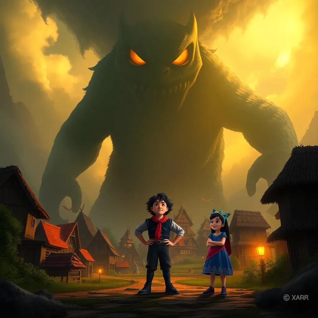 A giant, shadowy monster looming over a scared village, with Toto and Mimi standing courageously in front of it, displaying their bravery, dramatic scene, colorful contrast, engaging storytelling atmosphere