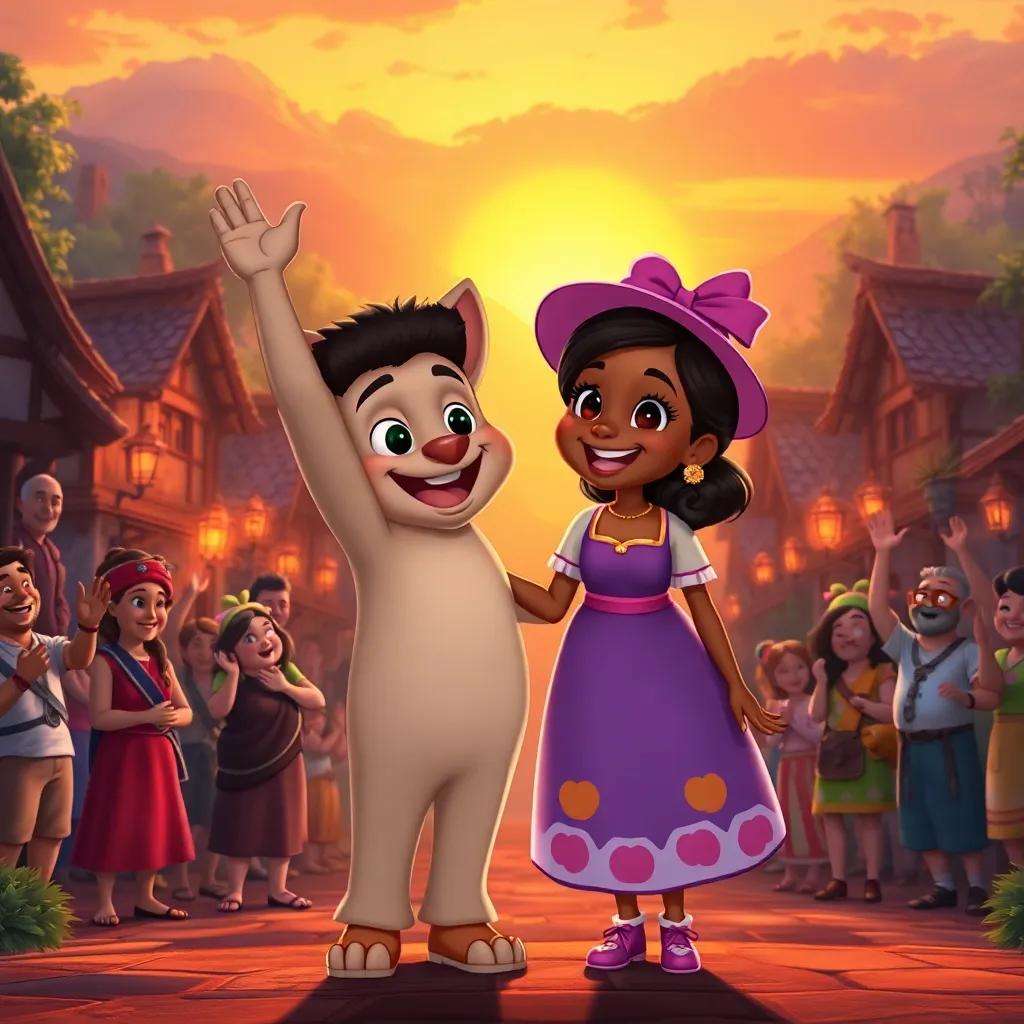 Toto and Mimi standing triumphantly together in front of the village, the townspeople cheering and celebrating their victory, warm sunset light illuminating their friendship, happy and heartwarming illustration, rich colors, uplifting glow