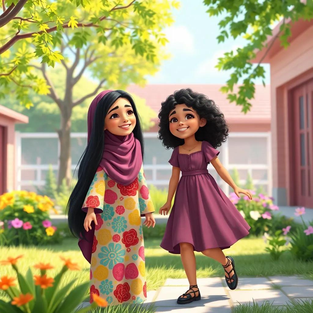 A sunny school garden with two young girls playing together, Noura with long dark hair in a colorful abaya and Leila with curly hair in a stylish dress, laughter and joy in the air, vibrant colors, inviting atmosphere, high quality