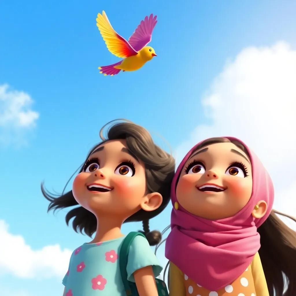 Two young girls, Noura and Leila, looking up at a colorful bird flying in a blue sky, their expressions filled with excitement and wonder, digital art, cheerful, bright, heartwarming