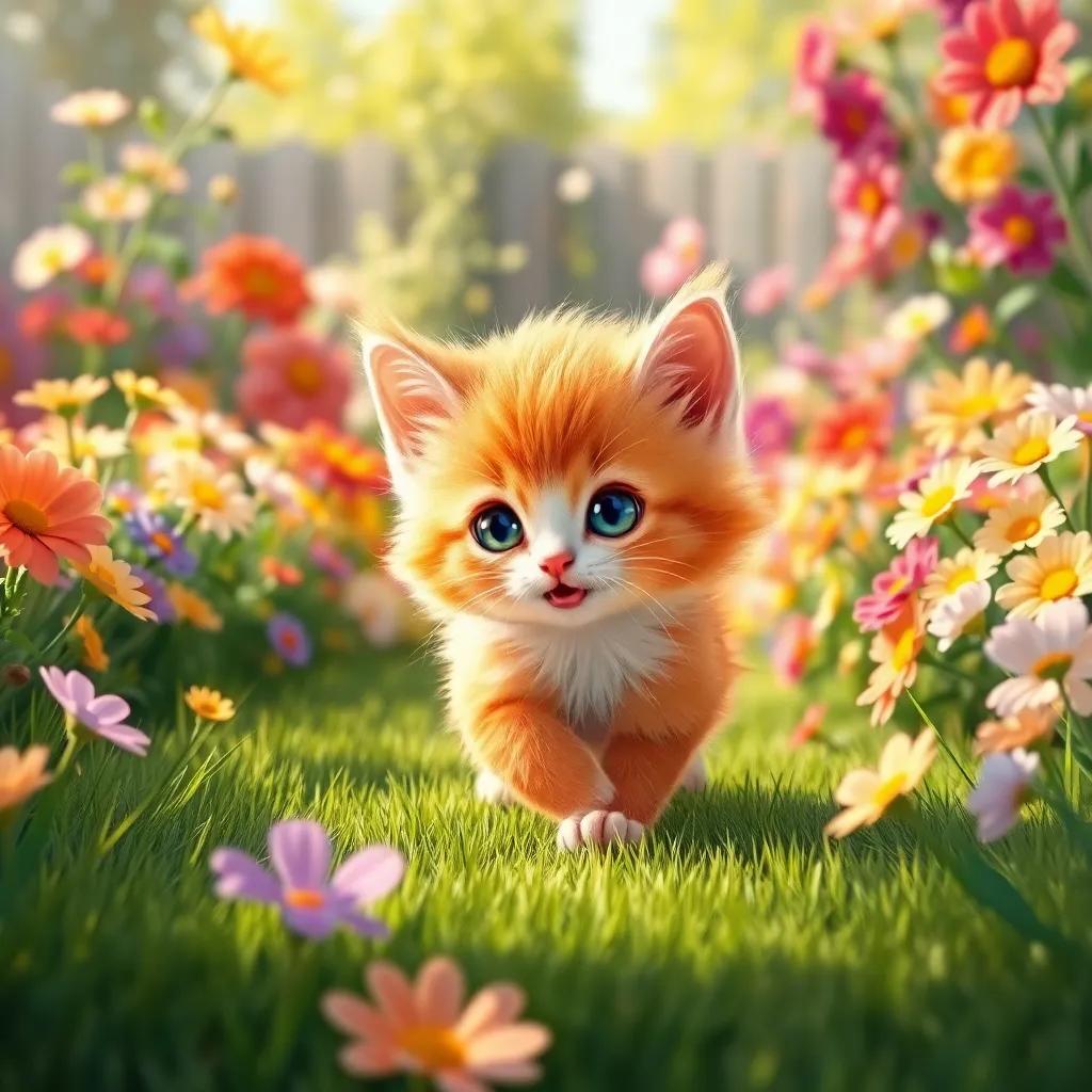 A small kitten, Loulou, with fluffy orange fur, playing in a beautiful sunny garden with colorful flowers and green grass, digital art, vibrant colors, cheerful atmosphere, high quality