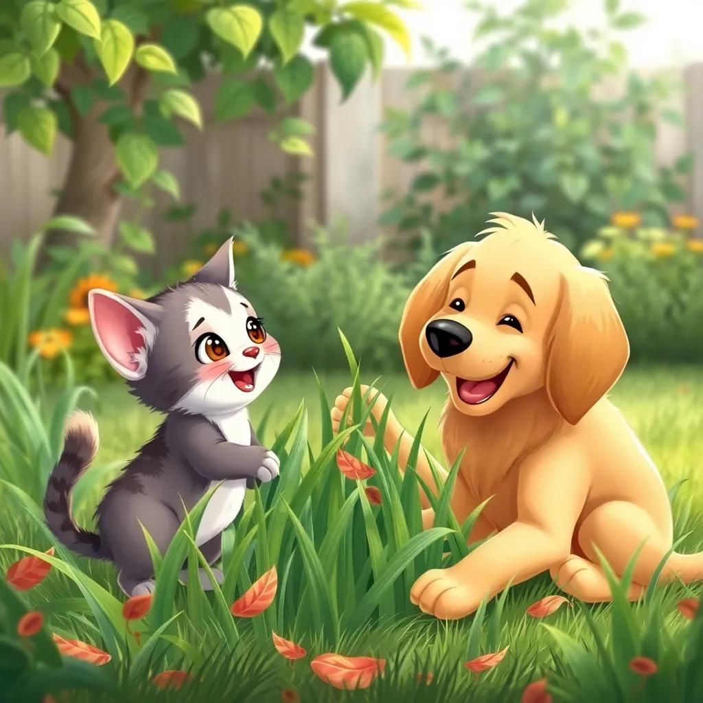 Loulou the kitten and Max the dog, a friendly golden retriever, playing together in the garden, building a fort of grass and leaves, joyful expressions, illustration, playful scene, kid-friendly, high quality