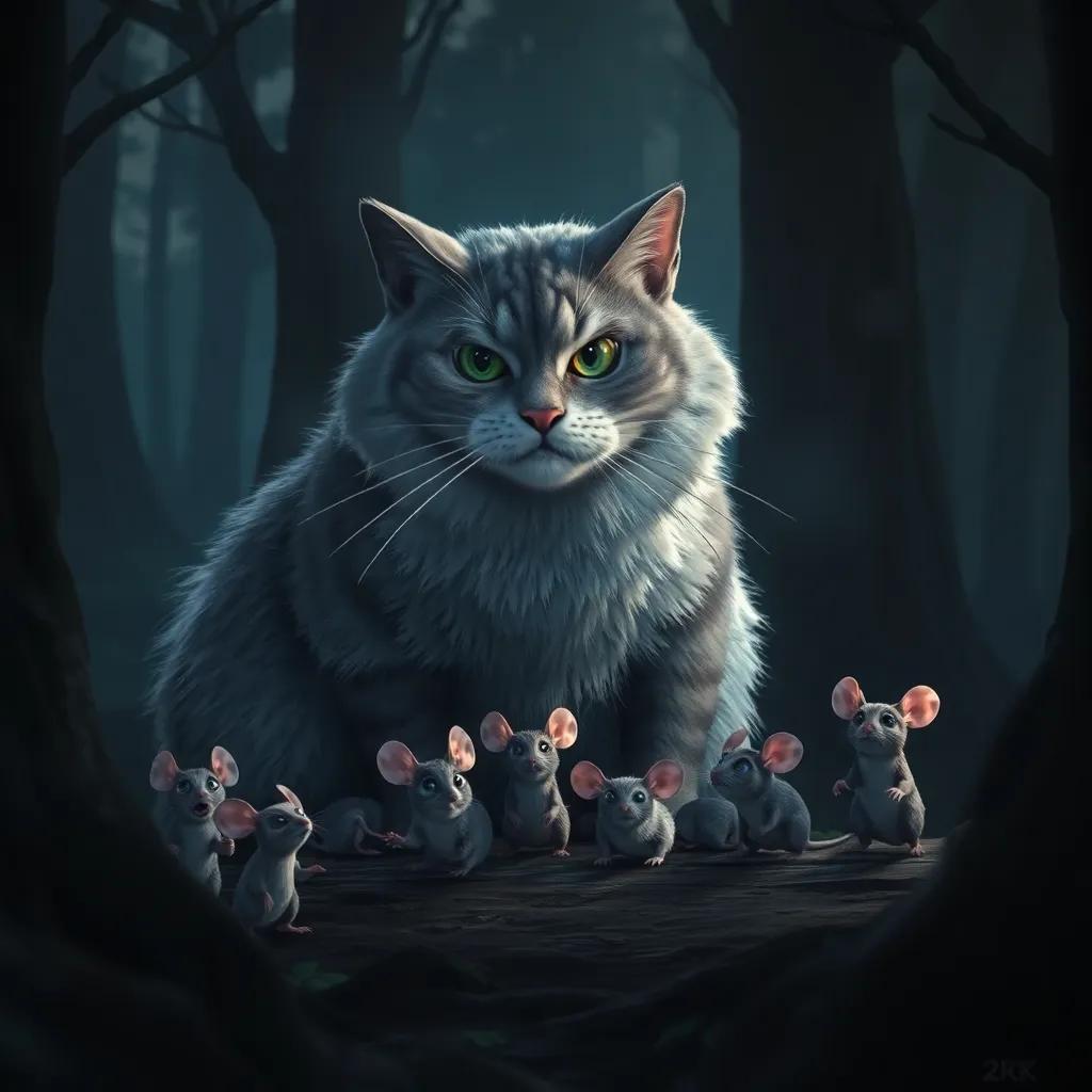 A large grey and white cat, guarding a group of frightened mice in a dark part of the forest, tense atmosphere, shadowy trees, digital painting, dramatic lighting, eye-catching
