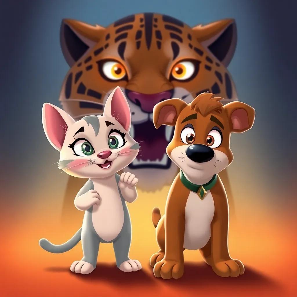Loulou the kitten and Max the dog bravely standing together in front of the big cat, demonstrating teamwork, glowing determination in their eyes, illustration, heroic pose, vibrant colors, high quality
