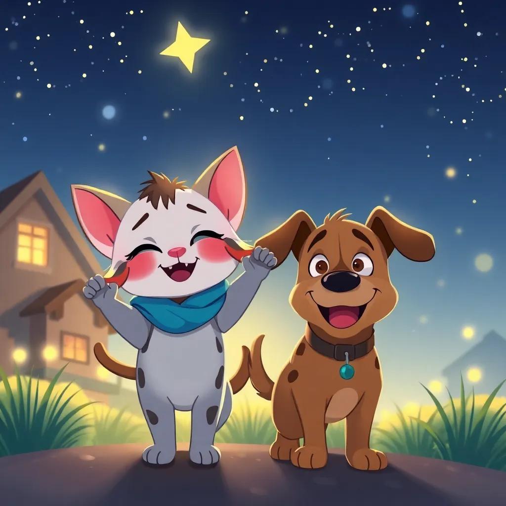 Loulou the kitten and Max the dog returning home, tired but proud, under a starry night sky with happy expressions, surrounded by soft glowing lights, warm colors, uplifting scene, illustration, heartwarming moment, high quality