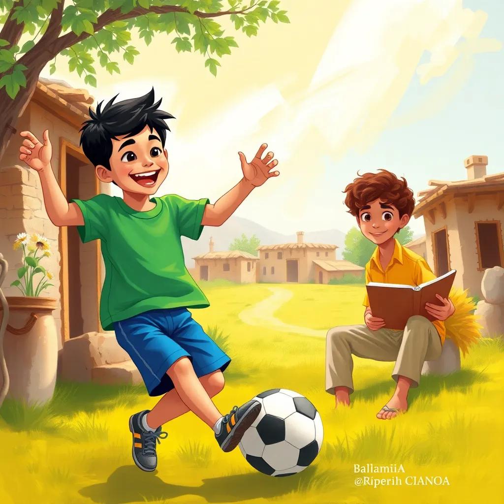 A small village scene in the background, with Sulaiman, a young Arab boy with short black hair wearing a green t-shirt and blue shorts, excitedly playing soccer with a smile, Rafiq, a young Arab boy with curly brown hair wearing a yellow shirt and beige pants, sitting nearby with a sketchbook, bright and cheerful, sunny day, warm light, digital art, vibrant colors, friendly atmosphere