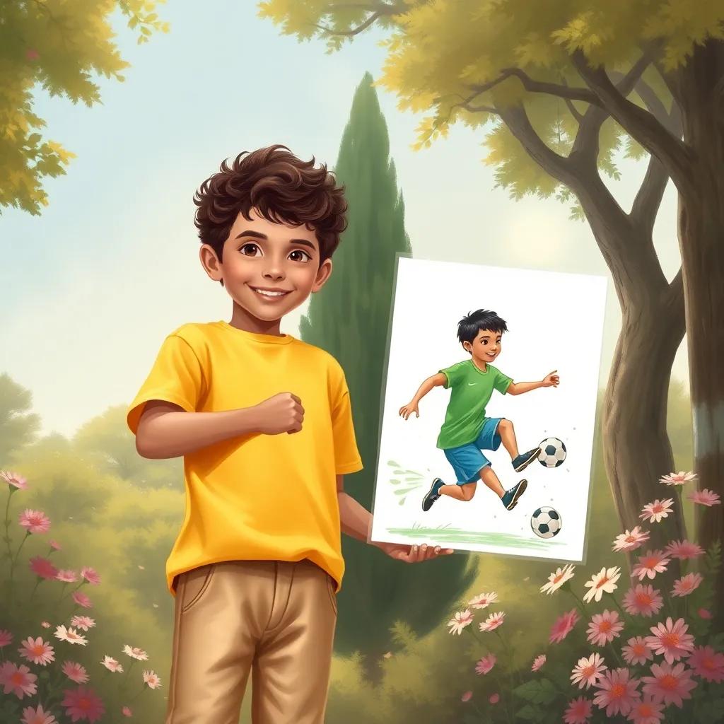 Rafiq, a young Arab boy with curly brown hair wearing a yellow shirt and beige pants, proudly showing Sulaiman, a young Arab boy with short black hair in a green t-shirt and blue shorts, a beautiful drawing of Sulaiman playing soccer, surrounded by trees and flowers, warm and inviting atmosphere, illustration, joyful connection, child-friendly