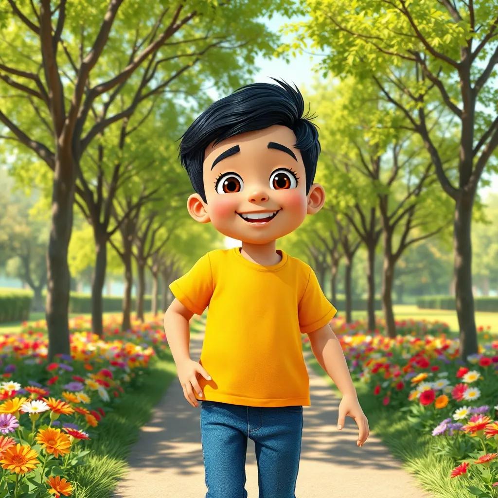 A young Arab boy, Sami, with short black hair, wearing a bright t-shirt and jeans, playing in a sunny park surrounded by green trees and colorful flowers, cheerful atmosphere, digital art, vibrant colors, inviting scene, high quality