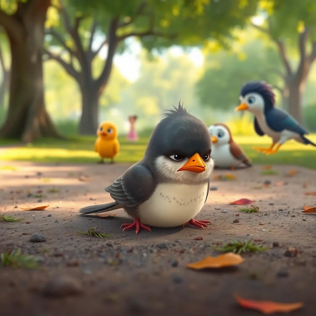 A little injured bird on the ground, with a sad expression, being cared for by Sami and his friends, the park background with lush greenery, feeling of compassion, illustration, warm colors, heartwarming scene, high quality